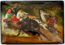 Original alte russische Lackdose „Trojka“, 1997, Fedoskino Schule, signiert.