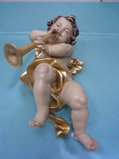 KA66-herrlicher großer Engel Putto mit Laute Holz geschnitzt Kunsthandwerk 30 cm