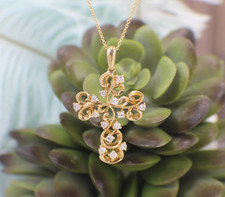 Genuine EFFY Solid 14K Yellow Gold Diamond Filigree Swirl Cross With Chain