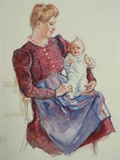 Mutter mit Kind im Arm - Hans Strohofer Aquarell-Zeichnung Kinder Portrait 1945