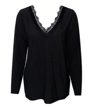 Damen Spitze V-Neck Top Oberteil T-Shirt Langarmshirt Bluse schwarz Gerippter D1