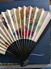 Fächer Aus Bambus & Papier 40 cm  breit, Motiv Vögel / Blumen Pflanzen einseitig