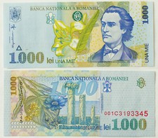 Rumänien 1000 Lei 1998 - Serie 001C - Kassenfrisch / Unc