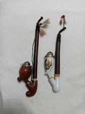  2 Stück Holzpfeife+Porzellanpfeife mit Jagdmotiv, GESTECKPFEIFE, Tabakpfeife