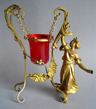 Frankreich Art Nouveau Veilleuse Nachtlicht Frauenfigur Messing gold Jugendstil