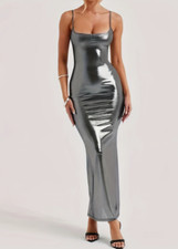 Glänzendes, verführerisches, rückenfreies Cami-Kleid, sexy, glanz Kleid, silber