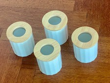 4x Gewürz-Dosen/Vorrats-Behälter Keramik weiss Echtholz-Deckel 11,5 cm Sichtfens