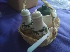 3 tlg Gewürz Menage im Korb Salz Pfeffer Senftopf Löffel unbenutzt Erbschaft 
