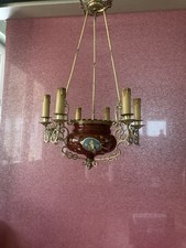 Antike Jugendstil Hängelampe Keramik Vögel Messing