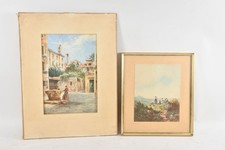 H98Q65- 2x Gemälde Aquarell Frau an Brunnen & Gouache (?) Mädchengruppe