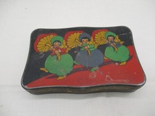Antike Blechdose Keksdose Bonbondose „3 Mädchen mit Pilzschirmen“ bunt ~ 1920/40