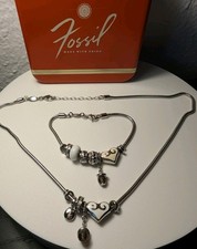 ❤️ Vintage Fossil Kinder SET Halskette Kette Armband Charm Anhänger Herzen