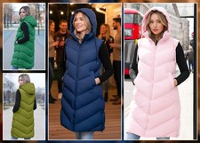 Damen LongLine gefütterte Kapuzenweste wattierte Reißverschlüsse Körperwärmer Jacke Seitentaschen