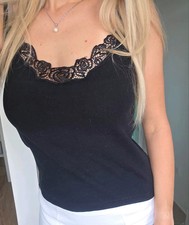 Top Schwarz Baumwolle Gr. M/L Spaghetti-Top Spitze Unterhemd