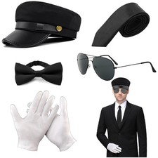 Chauffeur Kostüm Zubehör Set 5 Stück schwarz Sonnenbrille Handschuhe Fliege Hut