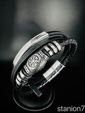 Runen Kreis Kompass Anhänger Edelstahl Leder Armband Wikinger Armreif Magnet 123