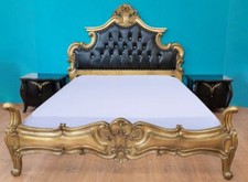 POMPÖSES BETTGESTELL 160 X 200 BETT & NACHTTISCHE HOLZ GOLD POLSTER SCHWARZ