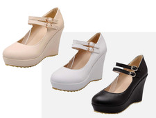 Damen Mary Jane Keilabsatz Pumps mit Riemchen und Plateau Rockabilly Lack Schuhe