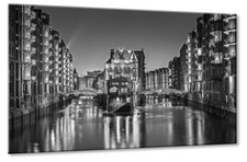 Leinwand Bild Hamburg Speicherstadt Wasserschloss Schwarzweiss Meßberg Nacht
