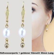 Ohrringe goldener Hämatit + Süßwasserperle mit Brisuren Massiv 333 Gold 8K  (10