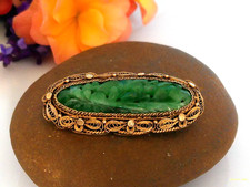 Wunderschöne antike Brosche Silber 925 vergoldet, China, geschnitzter Jade Stein