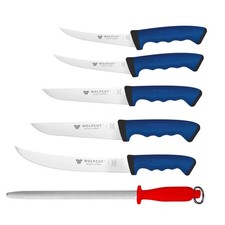Fleischermesser-6´er Set 13/15/17/19/26 cm Klinge SoftGrip Blue + Wetzstahl