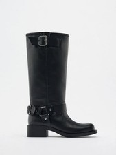 new Zara Biker boots 40EU Black Leather buckle cowboy western square toe quadrat