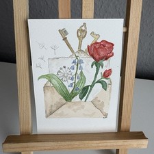 Unikat Aquarell Karte Bild A6 Gemälde Vintage Brief Schlüsse Rose Zum Herzen
