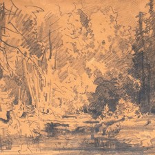 Landschaft mit Gewässer Zeichnung Bleistift unleserlich signiert 20. Jhd. Wald