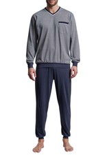 GÖTZBURG Pyjama Schlafanzug Herren Nachtwäsche 2-teilig lang blau Baumwolle
