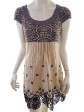 ✨ CONTAINER Kleid für Damen Spitzenstickerei Beige 36 Kurzer Ärmel Rayon 100% ✨