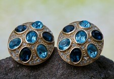 Christian Dior Ohrclips Vintage Blau Kristalle Vergoldet Signiert Neuwertig