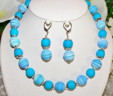 2er SCHMUCKSET KETTE OHRRING FIMOPERLE SPIRALE blau türkis Glasperle 447q