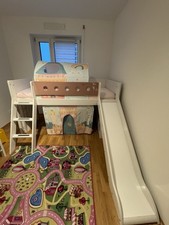 Spielbett Hochbett mit Rutsche, 90x200 Cm, Inkl. Vorhang