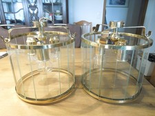 2 Stück Holtkötter Deckenlampe Lampe Messing Streifenglas 70er Jahre Höhe 29 cm