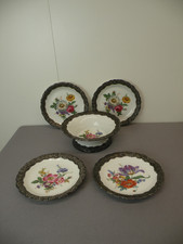 Set Rosenthal, Obstschale mit 4 Obsttellern, Silberrand, Blumendekor, nummeriert