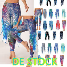 DE~Damen Meerjungfrau Kostüm Leggins Glanz Mermaid Fisch Schuppen Hose Yogahose