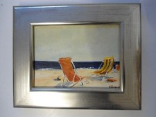 Original Ölgemälde  Titel "Am Strand mit Liegestühlen" mit breitem Silber Rahmen