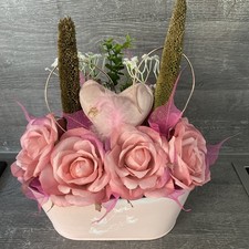 Künstliches Blumengesteck Blumenarragement rosa Rosen Herz Blumentopf Tischdeko