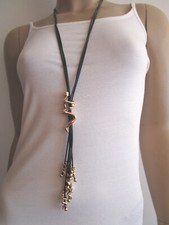 Damen Halskette Modekette Bettelkette Band lang Gold Schwarz Wirbelwind Charms