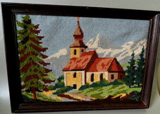 Altes Gobelin Stickbild "Kirche in den Bergen" gerahmt 36 x 26 cm RETRO/Vintage