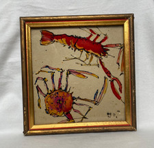 Seltsames altes Glasbild Expressionismus HUMMER und KRABBE Lobster and Crab 