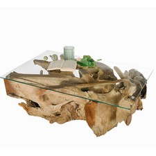 Wurzelholz Tisch 110x70 Couchtisch Glas Wohnzimmertisch Teakholz Massivholz Holz