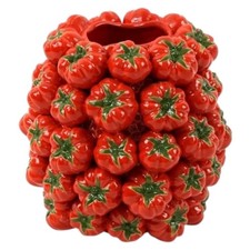 Handgefertigte, stylische rote Vase aus Steingut mit naturgetreuen TOMATEN