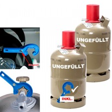 2 Stck. (37,50 €  / 1 Stck.) Propan-Gas-Flasche 5kg + Gasregler-Schlüssel