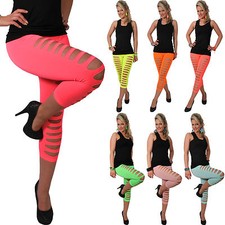 Leggings Capri 3/4 Neon Damen Schlitze Sommer Leggins Hose Risse Punk 34 36 38