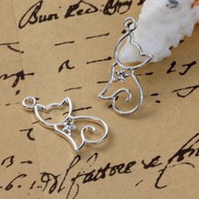 2 Stück Anhänger  Katze Charms Ketten Silber versilbert 29x13mm mit Strassstein