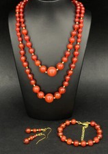 3-TLG SET: 2-REIHIGE KETTE & ARMBAND & OHRHÄNGER MIT KARNEOL SCHMUCKJAGD