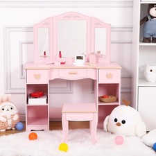 Kinder Schminktisch Holz Mädchen Spiegel Hocker Make-up Tisch Kosmetiktisch