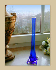 Glasvase Stangen Vase blau Rosenvase Solifleur Orchideenvase antik /vintage 30cm
